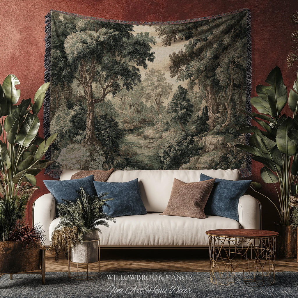 Vintage Forest Traditional Jacquard Woven Tapestry Wall English Cottage Art | Tranquil Landscape Cozy Woodland Scene European Pastoral Decor