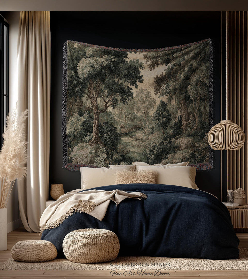 Vintage Forest Traditional Jacquard Woven Tapestry Wall English Cottage Art | Tranquil Landscape Cozy Woodland Scene European Pastoral Decor