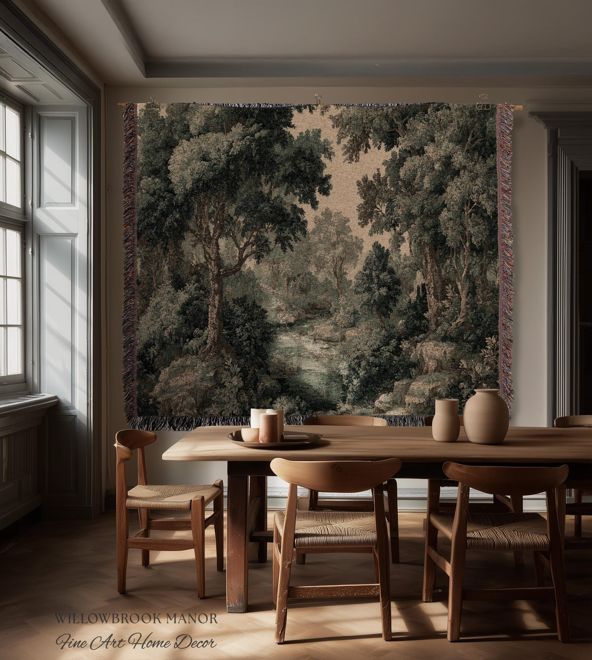 Vintage Forest Traditional Jacquard Woven Tapestry Wall English Cottage Art | Tranquil Landscape Cozy Woodland Scene European Pastoral Decor