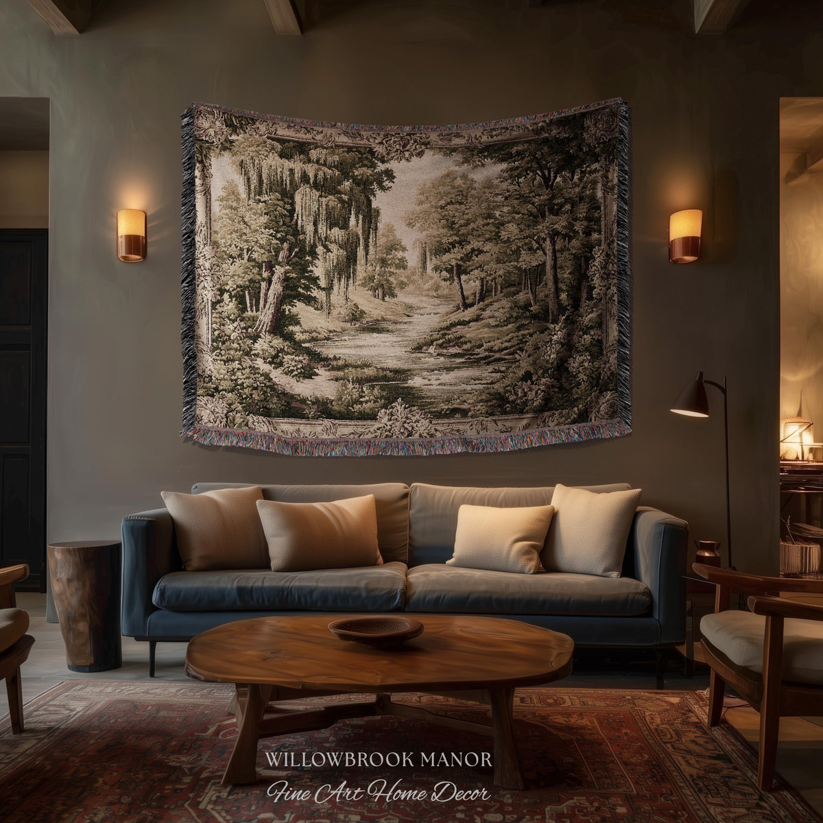 Rustic Elegance Willow Tree Landscape River Scene Tapestry Peaceful Blanket Throw | Antique European Art Woven Verdure Pastoral Wall Decor