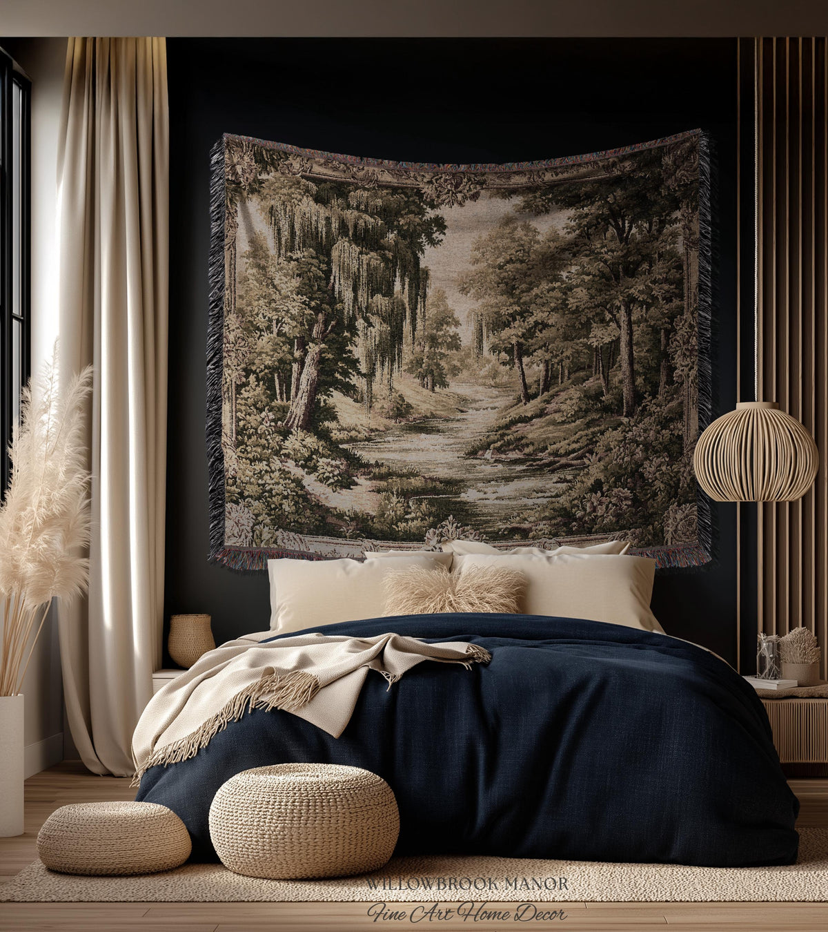 Rustic Elegance Willow Tree Landscape River Scene Tapestry Peaceful Blanket Throw | Antique European Art Woven Verdure Pastoral Wall Decor