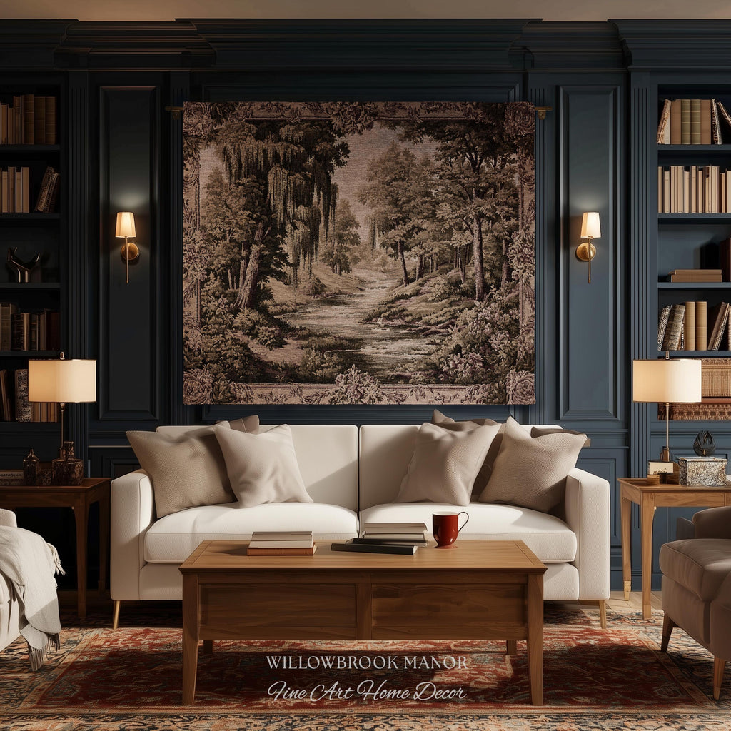 Rustic Elegance Willow Tree Landscape River Scene Tapestry Peaceful Blanket Throw | Antique European Art Woven Verdure Pastoral Wall Decor