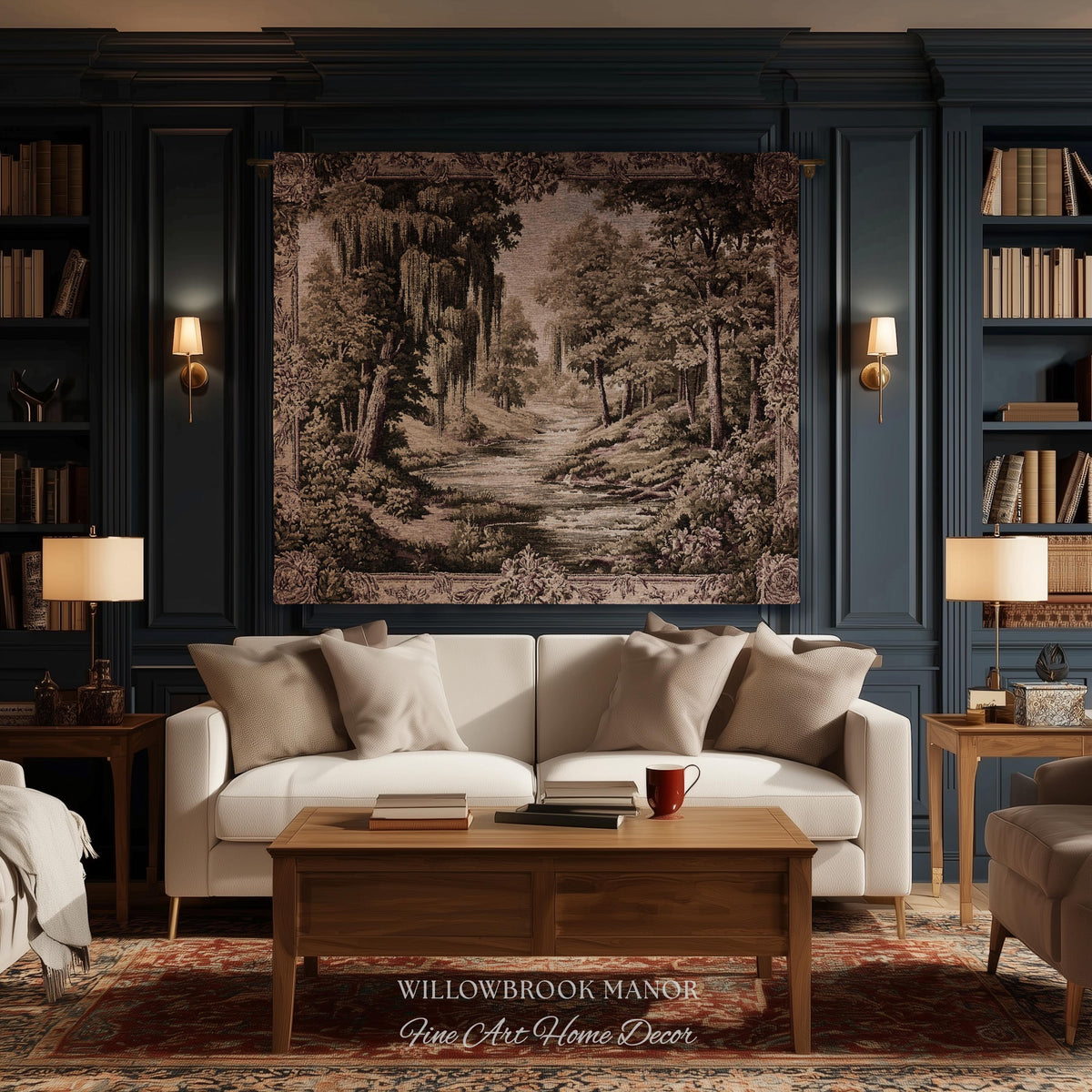 Rustic Elegance Willow Tree Landscape River Scene Tapestry Peaceful Blanket Throw | Antique European Art Woven Verdure Pastoral Wall Decor