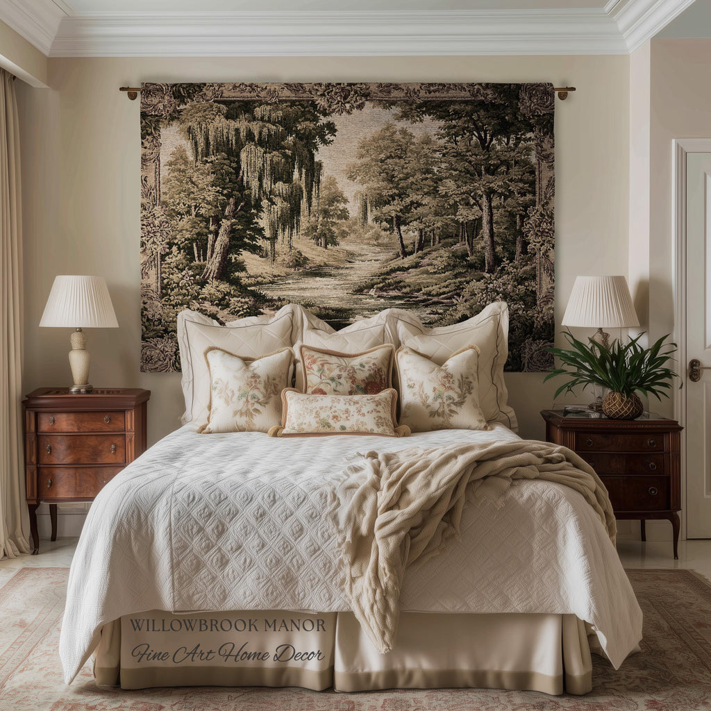 Rustic Elegance Willow Tree Landscape River Scene Tapestry Peaceful Blanket Throw | Antique European Art Woven Verdure Pastoral Wall Decor