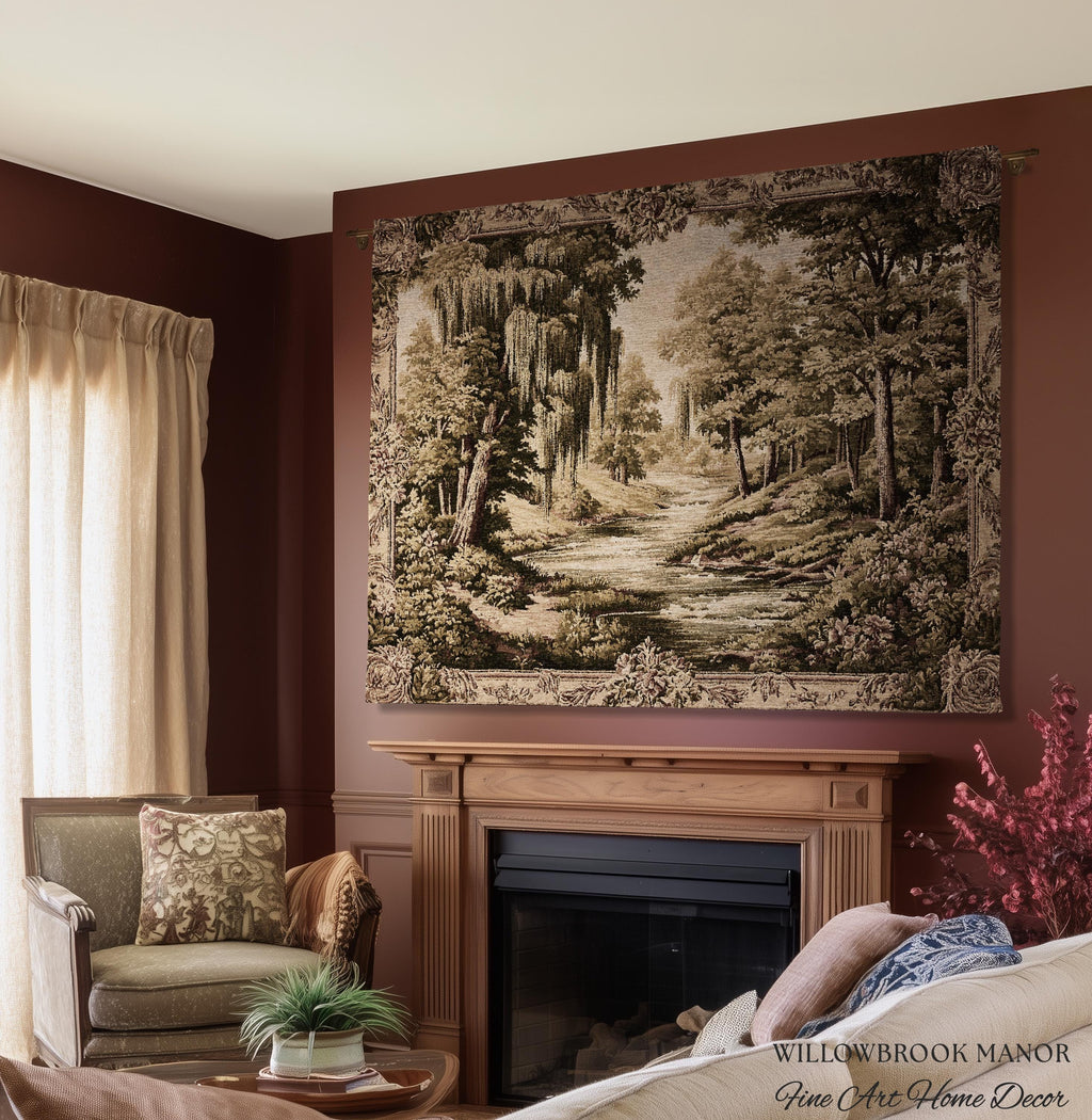 Rustic Elegance Willow Tree Landscape River Scene Tapestry Peaceful Blanket Throw | Antique European Art Woven Verdure Pastoral Wall Decor