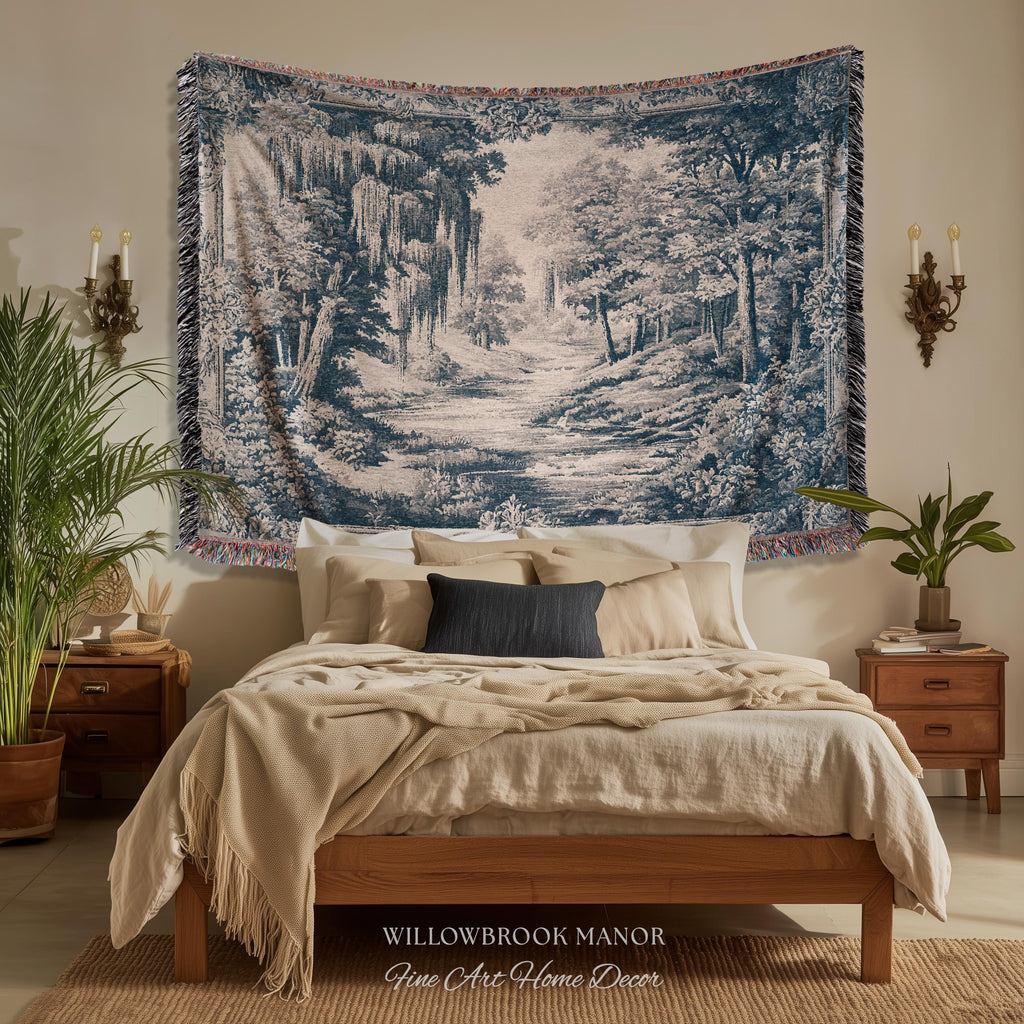 Museum Style Willow Woodland Woven Tapestry | Serene Pastoral Blue Landscape Rustic Elegance Jacquard Blanket Traditional Romantic Wall Art