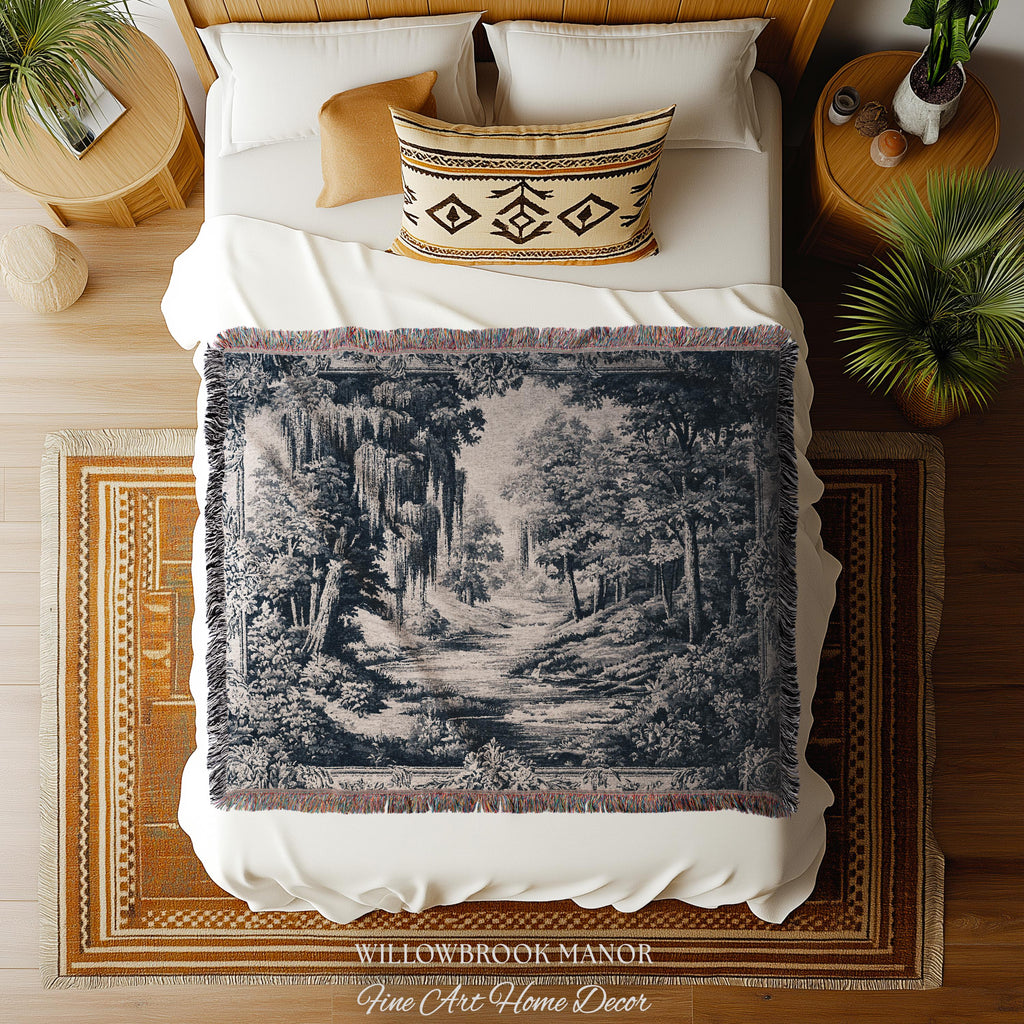 Museum Style Willow Woodland Woven Tapestry | Serene Pastoral Blue Landscape Rustic Elegance Jacquard Blanket Traditional Romantic Wall Art
