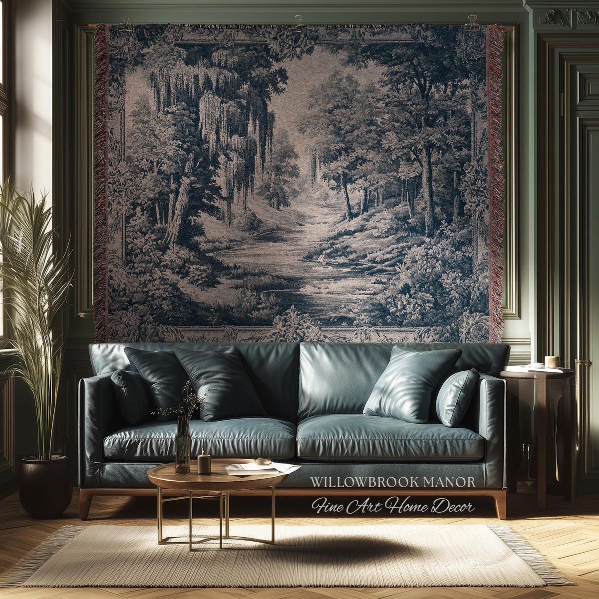 Museum Style Willow Woodland Woven Tapestry | Serene Pastoral Blue Landscape Rustic Elegance Jacquard Blanket Traditional Romantic Wall Art