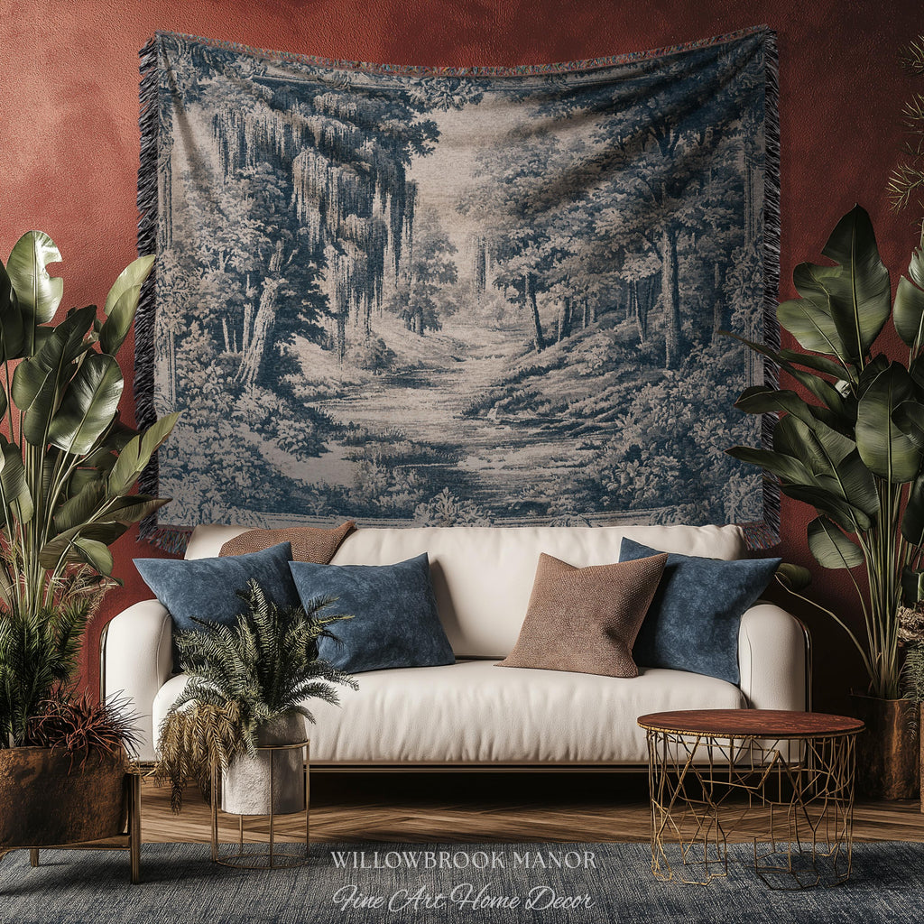 Museum Style Willow Woodland Woven Tapestry | Serene Pastoral Blue Landscape Rustic Elegance Jacquard Blanket Traditional Romantic Wall Art
