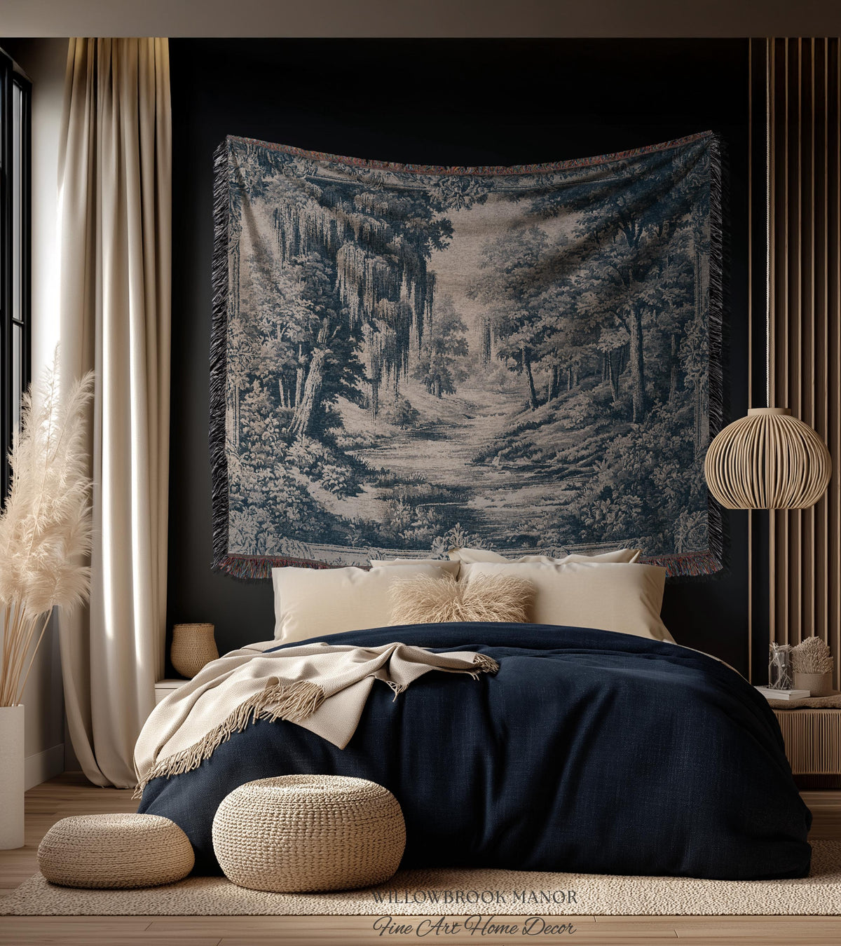 Museum Style Willow Woodland Woven Tapestry | Serene Pastoral Blue Landscape Rustic Elegance Jacquard Blanket Traditional Romantic Wall Art