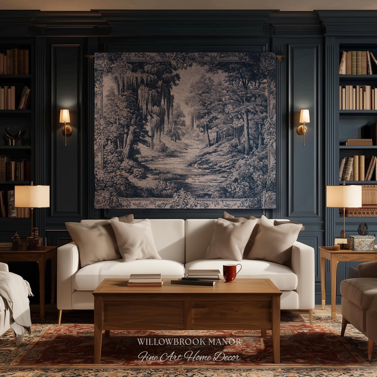 Museum Style Willow Woodland Woven Tapestry | Serene Pastoral Blue Landscape Rustic Elegance Jacquard Blanket Traditional Romantic Wall Art
