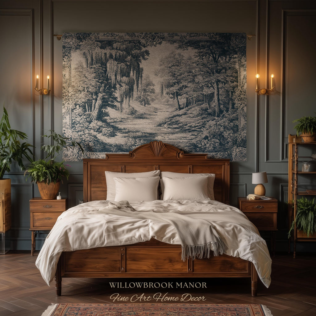 Museum Style Willow Woodland Woven Tapestry | Serene Pastoral Blue Landscape Rustic Elegance Jacquard Blanket Traditional Romantic Wall Art