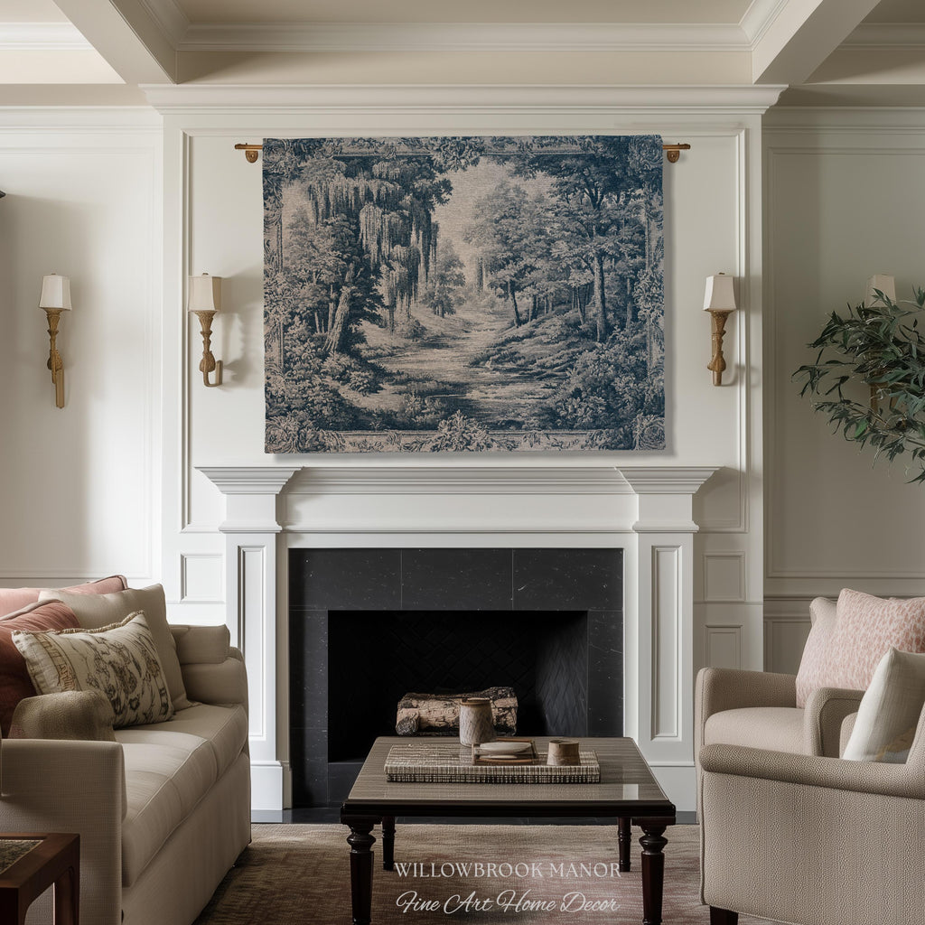 Museum Style Willow Woodland Woven Tapestry | Serene Pastoral Blue Landscape Rustic Elegance Jacquard Blanket Traditional Romantic Wall Art