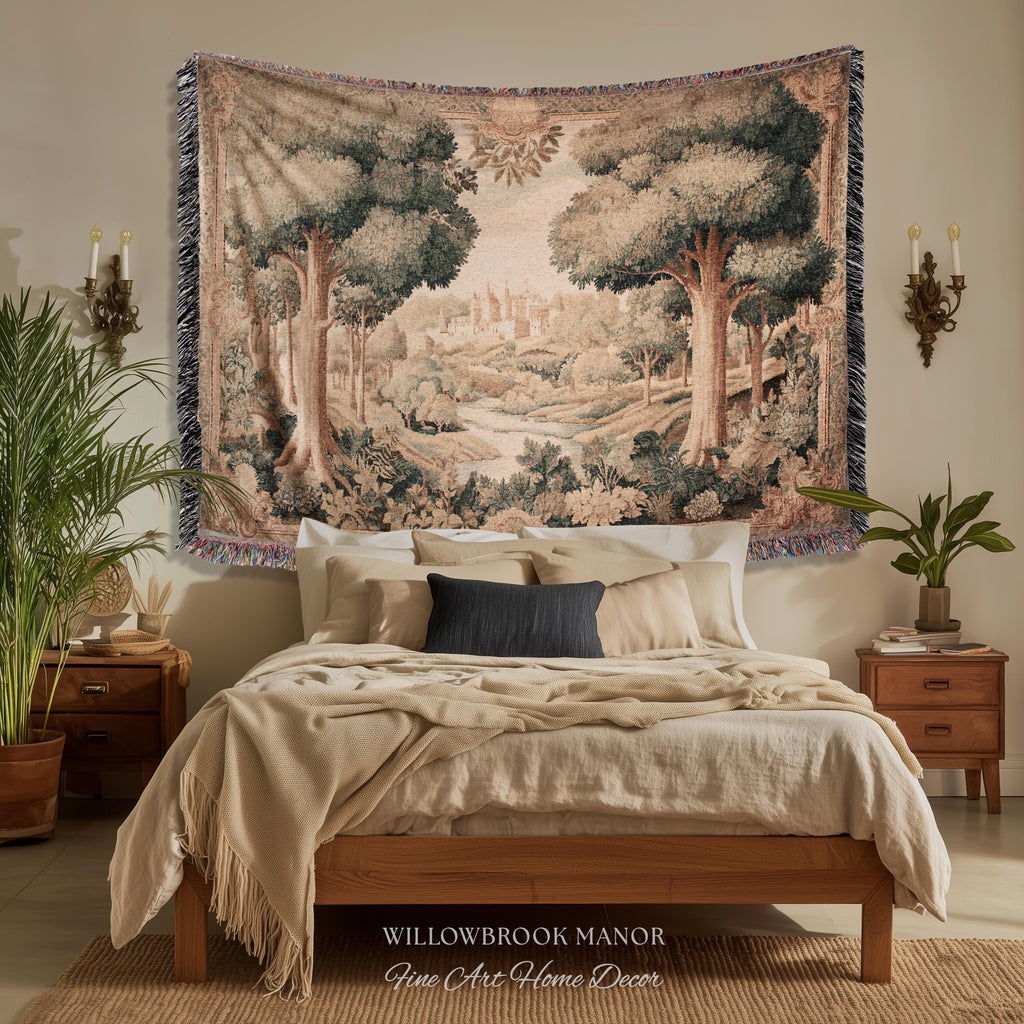 European Countryside Woven Tapestry French Verdure Art Scenic Wall Hanging | Romantic Classical Pastoral Scene Cozy Cotton Old World Decor