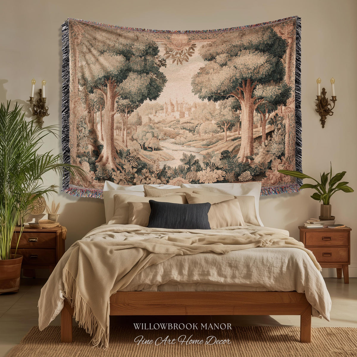 European Countryside Woven Tapestry French Verdure Art Scenic Wall Hanging | Romantic Classical Pastoral Scene Cozy Cotton Old World Decor
