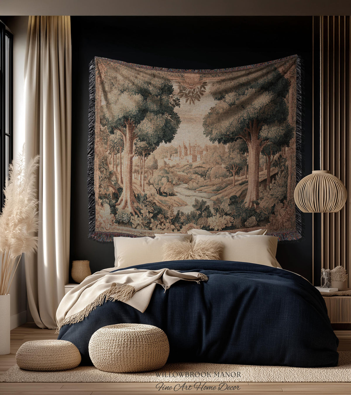 European Countryside Woven Tapestry French Verdure Art Scenic Wall Hanging | Romantic Classical Pastoral Scene Cozy Cotton Old World Decor
