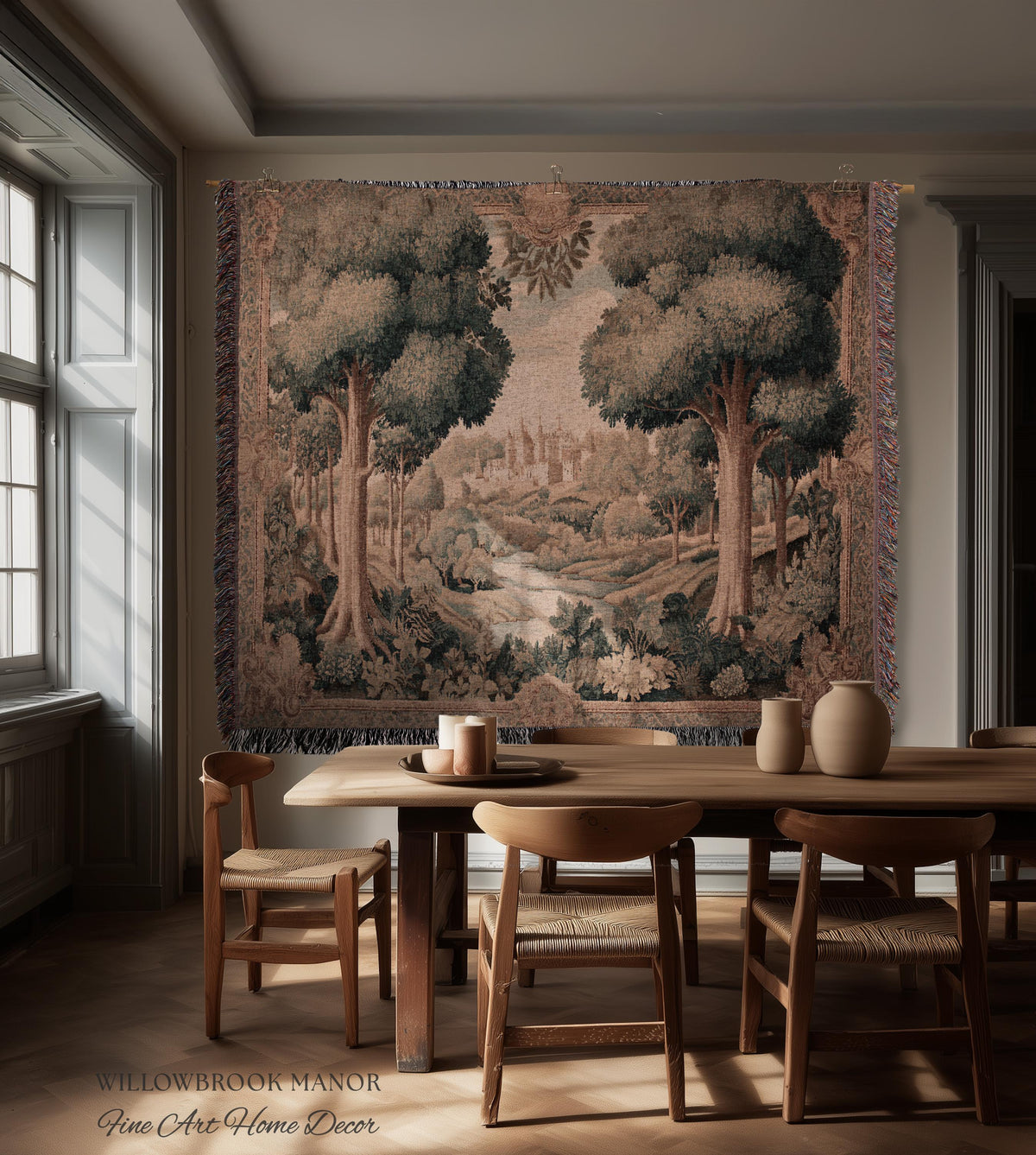European Countryside Woven Tapestry French Verdure Art Scenic Wall Hanging | Romantic Classical Pastoral Scene Cozy Cotton Old World Decor