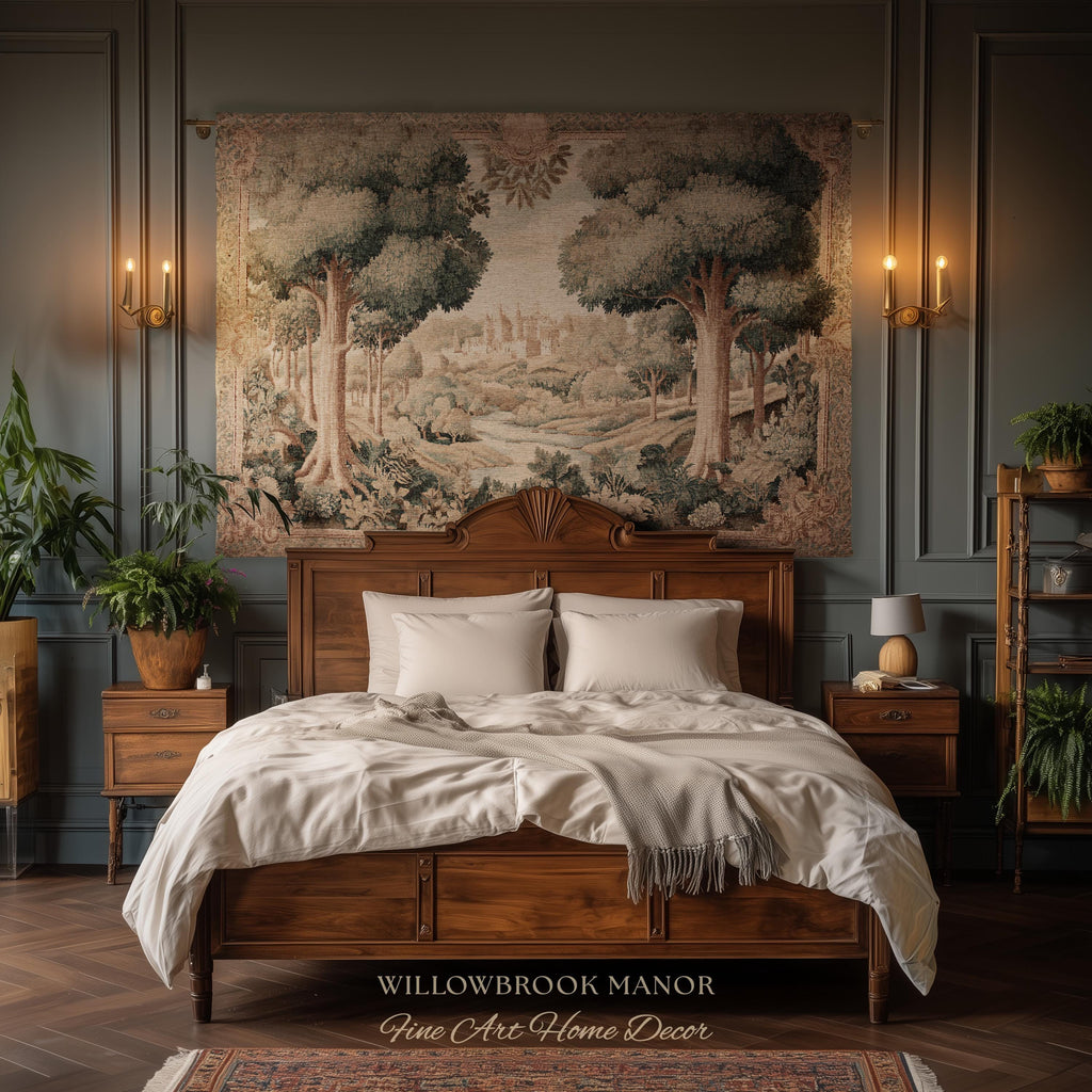 European Countryside Woven Tapestry French Verdure Art Scenic Wall Hanging | Romantic Classical Pastoral Scene Cozy Cotton Old World Decor