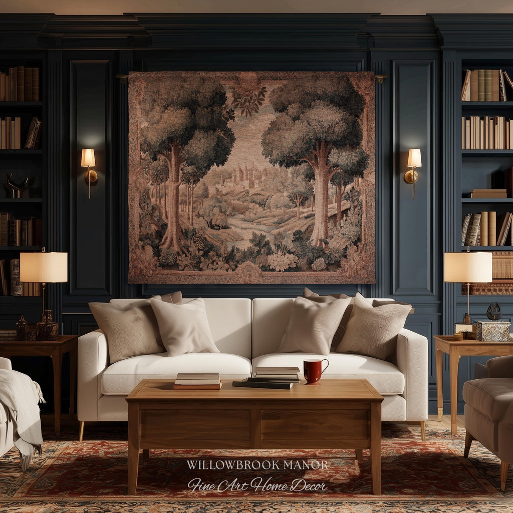 European Countryside Woven Tapestry French Verdure Art Scenic Wall Hanging | Romantic Classical Pastoral Scene Cozy Cotton Old World Decor