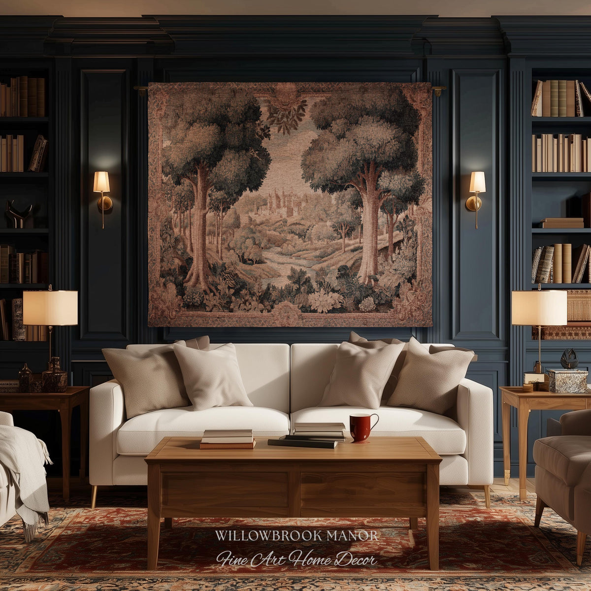 European Countryside Woven Tapestry French Verdure Art Scenic Wall Hanging | Romantic Classical Pastoral Scene Cozy Cotton Old World Decor