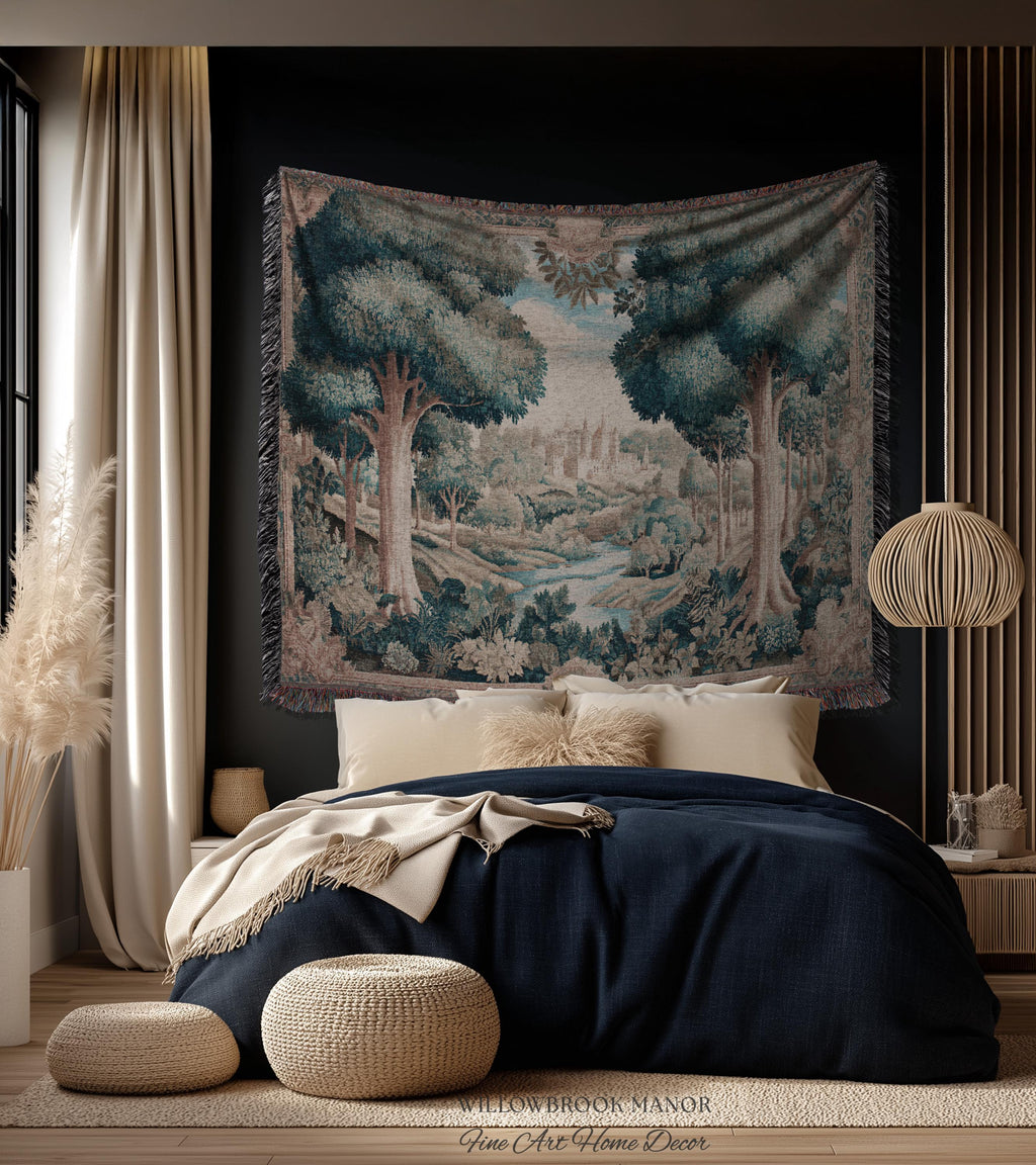 Quiet Elegance Scenic Vista Castle Tapestry Woven Wall Hanging | Historic Pastoral European Countryside Traditional Jacquard Throw Blanket