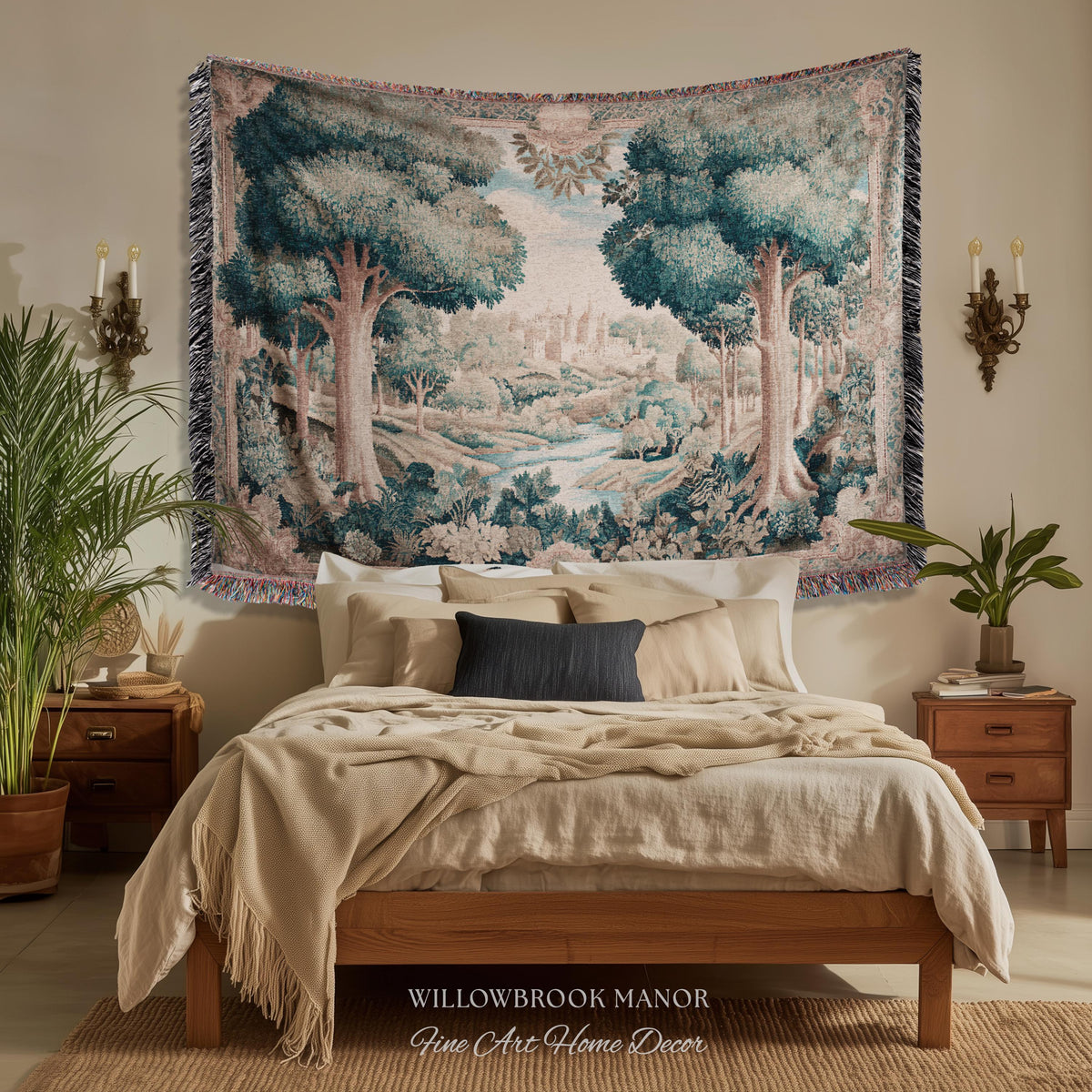 Quiet Elegance Scenic Vista Castle Tapestry Woven Wall Hanging | Historic Pastoral European Countryside Traditional Jacquard Throw Blanket