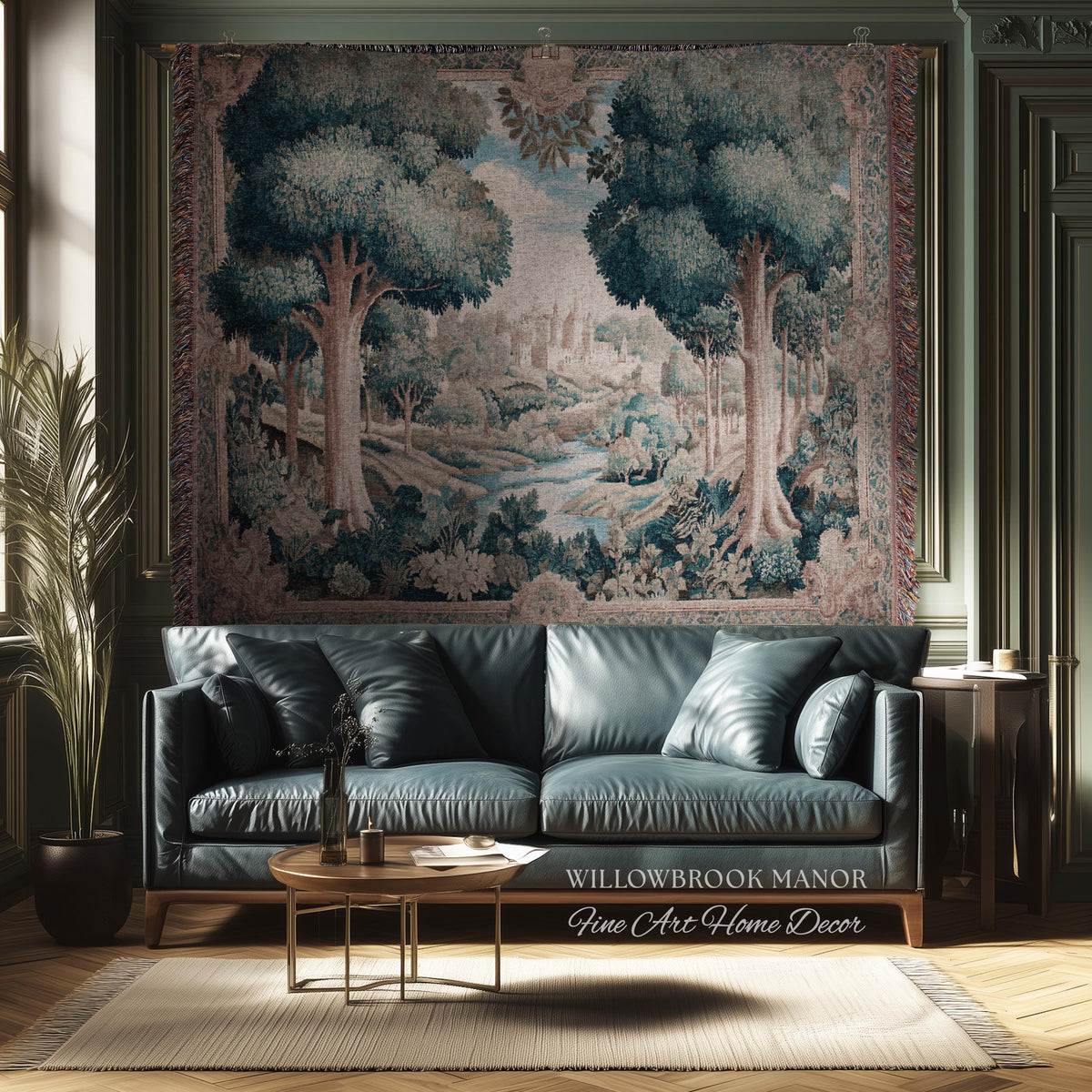 Quiet Elegance Scenic Vista Castle Tapestry Woven Wall Hanging | Historic Pastoral European Countryside Traditional Jacquard Throw Blanket
