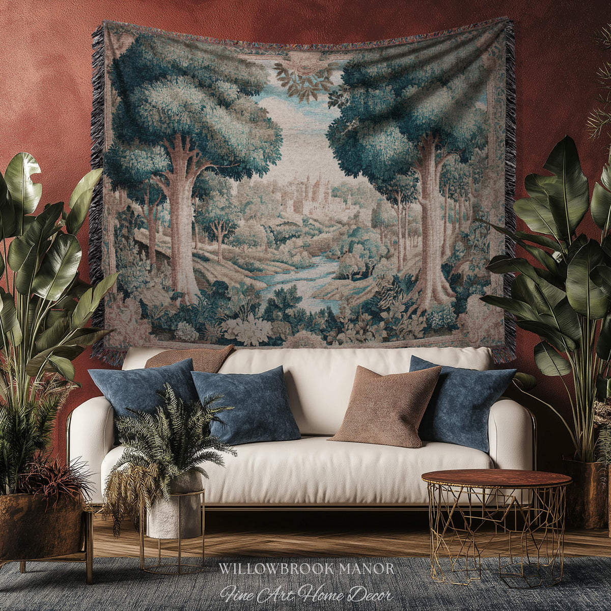 Quiet Elegance Scenic Vista Castle Tapestry Woven Wall Hanging | Historic Pastoral European Countryside Traditional Jacquard Throw Blanket