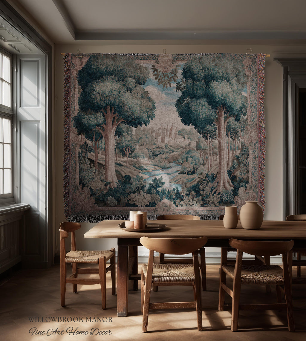 Quiet Elegance Scenic Vista Castle Tapestry Woven Wall Hanging | Historic Pastoral European Countryside Traditional Jacquard Throw Blanket