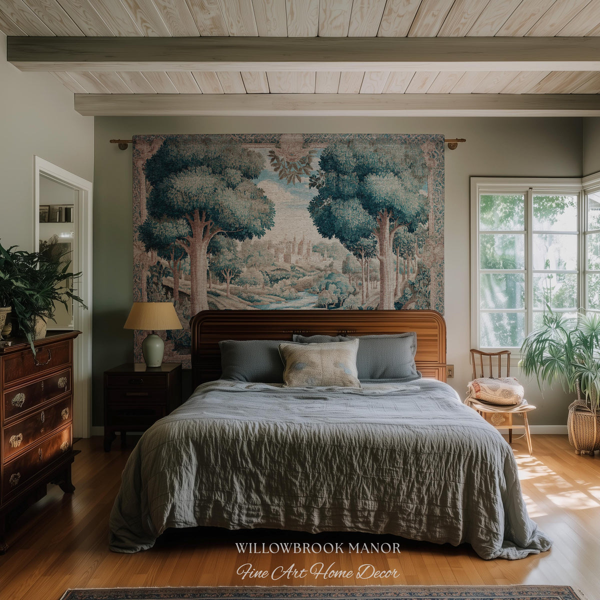 Quiet Elegance Scenic Vista Castle Tapestry Woven Wall Hanging | Historic Pastoral European Countryside Traditional Jacquard Throw Blanket
