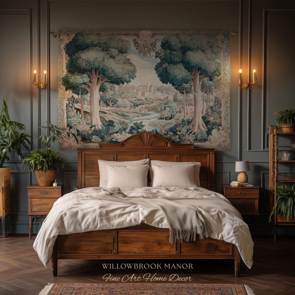 Quiet Elegance Scenic Vista Castle Tapestry Woven Wall Hanging | Historic Pastoral European Countryside Traditional Jacquard Throw Blanket