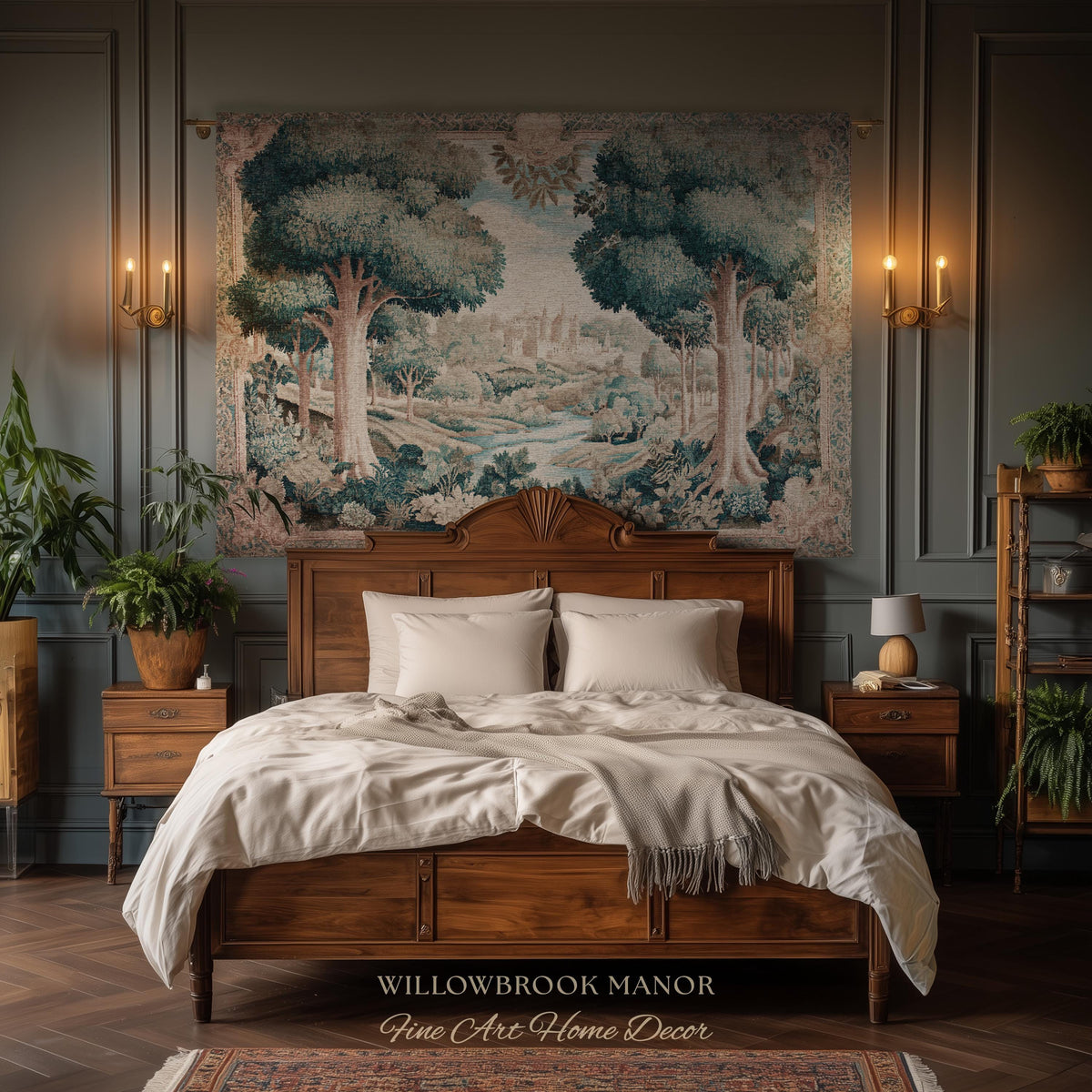 Quiet Elegance Scenic Vista Castle Tapestry Woven Wall Hanging | Historic Pastoral European Countryside Traditional Jacquard Throw Blanket