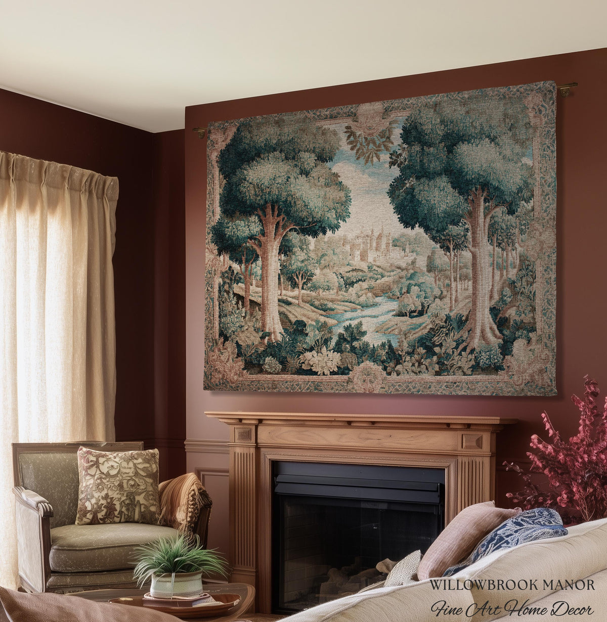 Quiet Elegance Scenic Vista Castle Tapestry Woven Wall Hanging | Historic Pastoral European Countryside Traditional Jacquard Throw Blanket