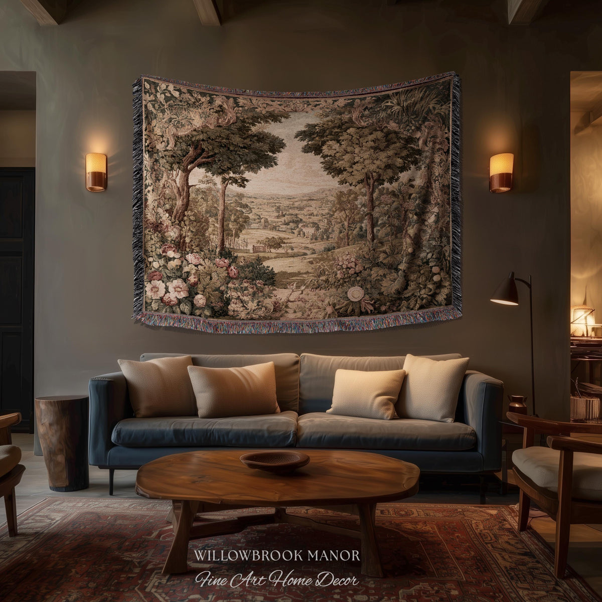 Traditional Romantic French Countryside Woven Tapestry Throw | European Art Timeless Heirloom Style Floral Meadow Landscape Classical Decor