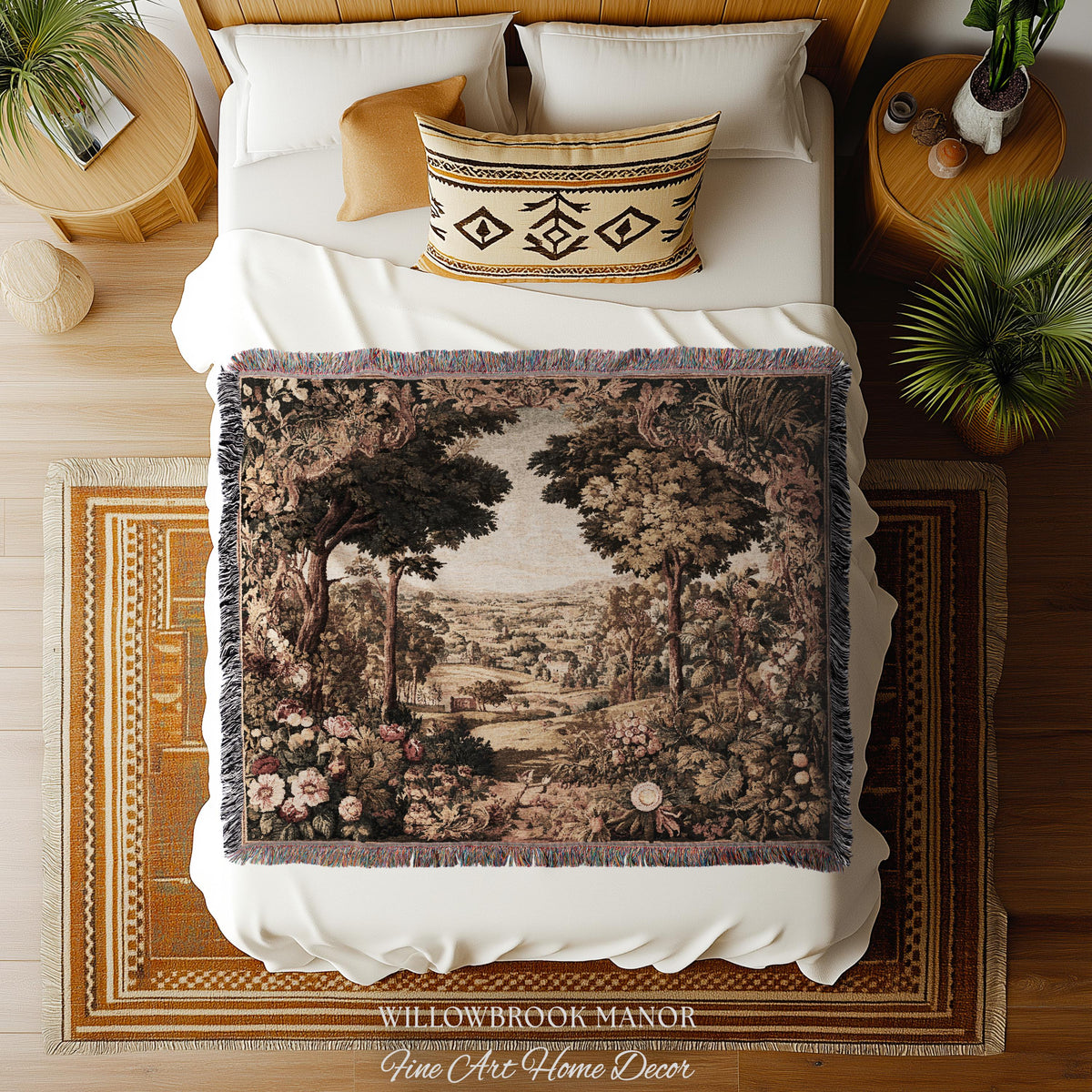 Traditional Romantic French Countryside Woven Tapestry Throw | European Art Timeless Heirloom Style Floral Meadow Landscape Classical Decor