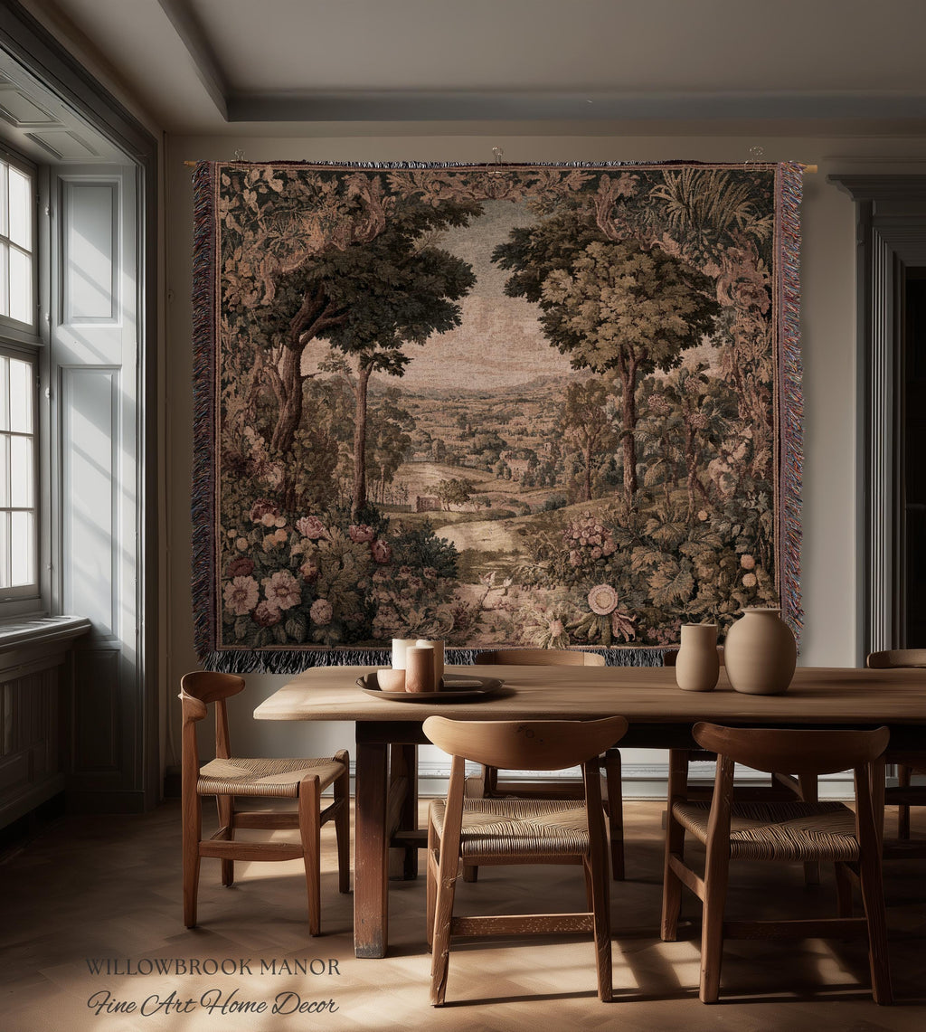 Traditional Romantic French Countryside Woven Tapestry Throw | European Art Timeless Heirloom Style Floral Meadow Landscape Classical Decor