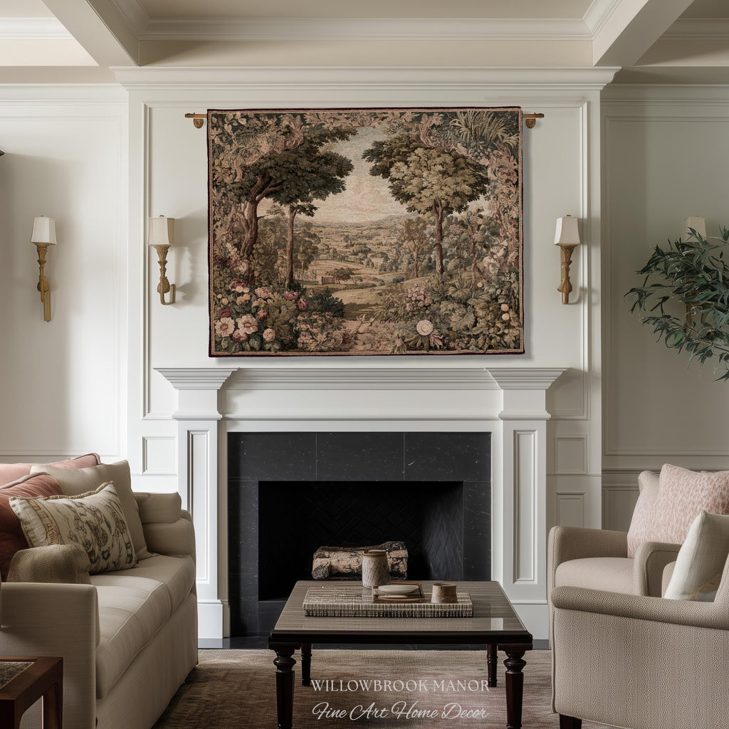 Traditional Romantic French Countryside Woven Tapestry Throw | European Art Timeless Heirloom Style Floral Meadow Landscape Classical Decor