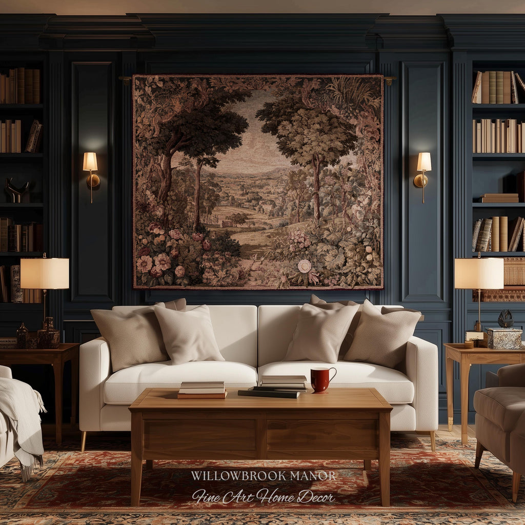 Traditional Romantic French Countryside Woven Tapestry Throw | European Art Timeless Heirloom Style Floral Meadow Landscape Classical Decor