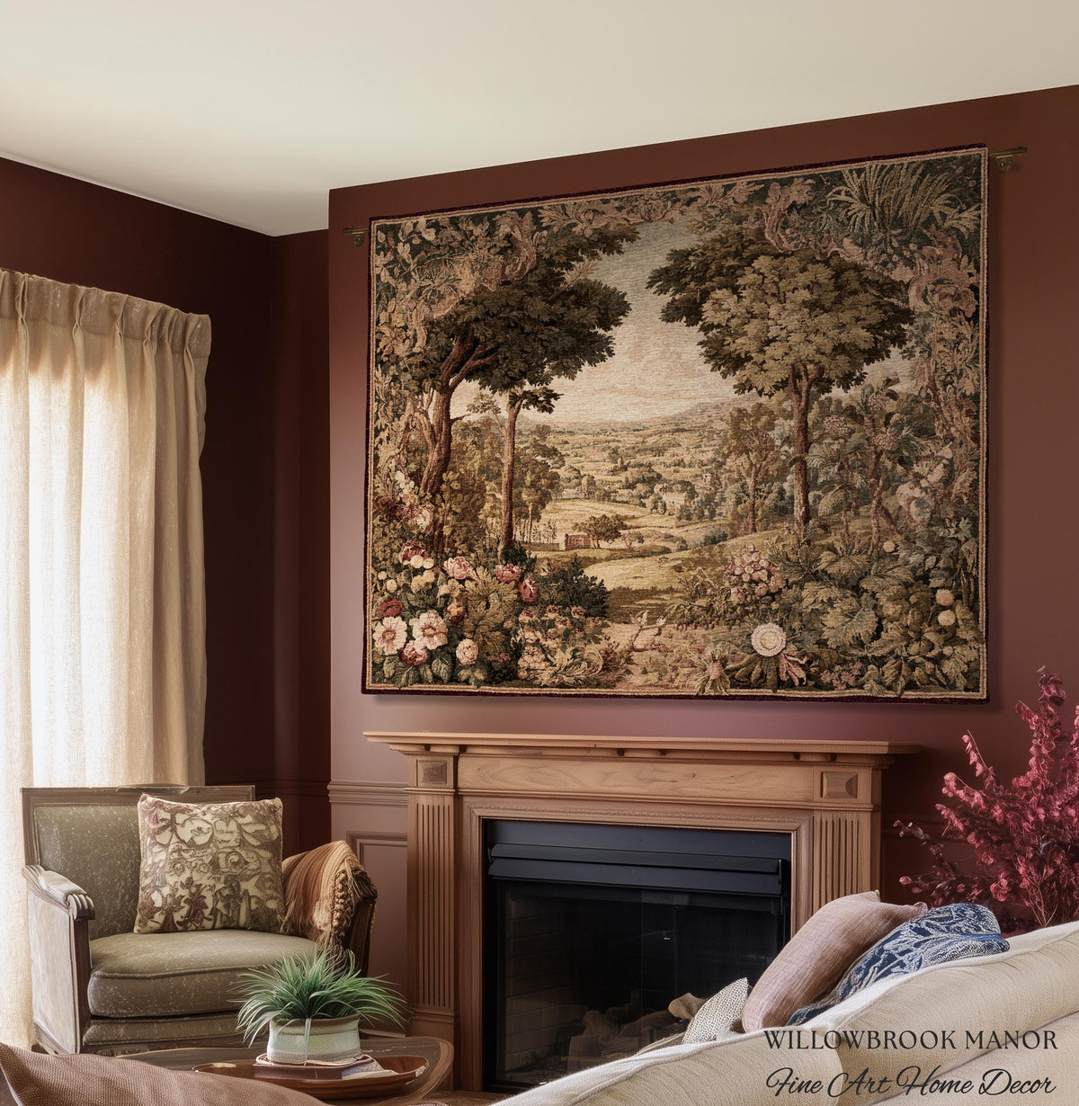 Traditional Romantic French Countryside Woven Tapestry Throw | European Art Timeless Heirloom Style Floral Meadow Landscape Classical Decor