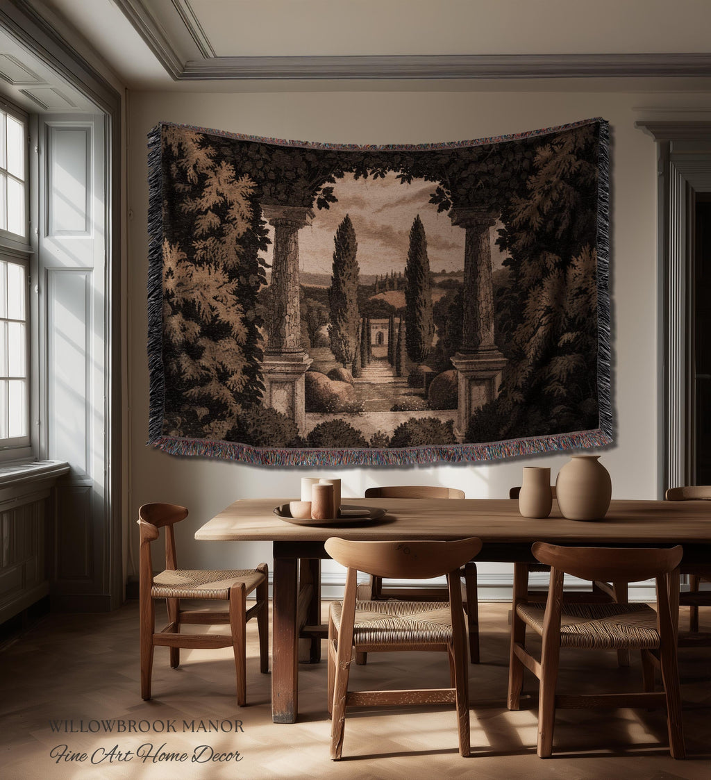 Tuscan Landscape Woven Decor Tapestry Headboard Italian Garden Terrace Art, Cypress Trees Classic Countryside Villa View Rustic Wall Hanging