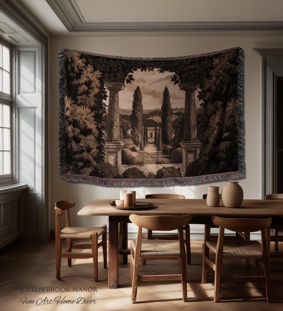 Tuscan Landscape Woven Decor Tapestry Headboard Italian Garden Terrace Art, Cypress Trees Classic Countryside Villa View Rustic Wall Hanging