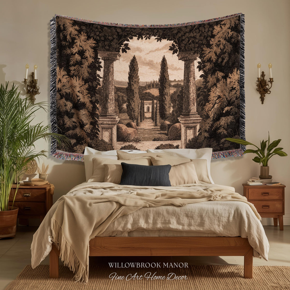 Tuscan Landscape Woven Decor Tapestry Headboard Italian Garden Terrace Art, Cypress Trees Classic Countryside Villa View Rustic Wall Hanging