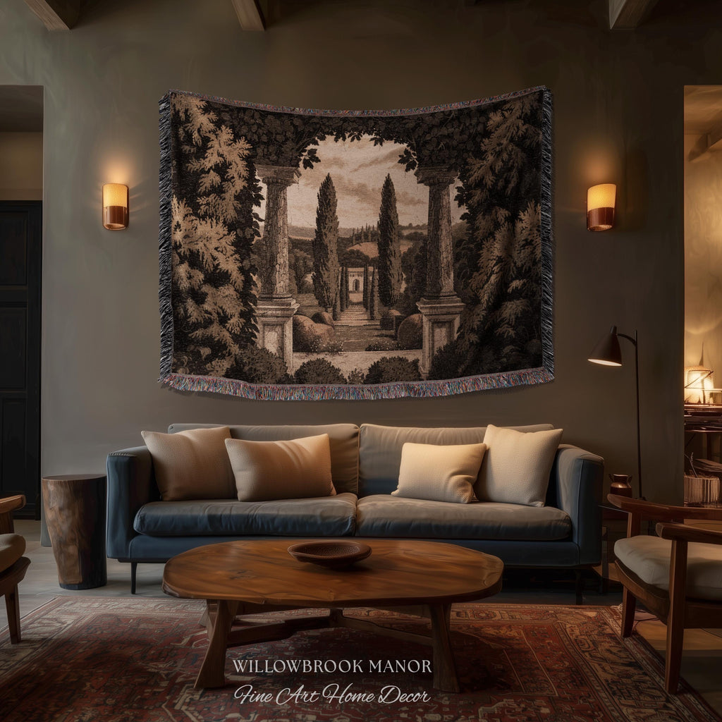 Tuscan Landscape Woven Decor Tapestry Headboard Italian Garden Terrace Art, Cypress Trees Classic Countryside Villa View Rustic Wall Hanging