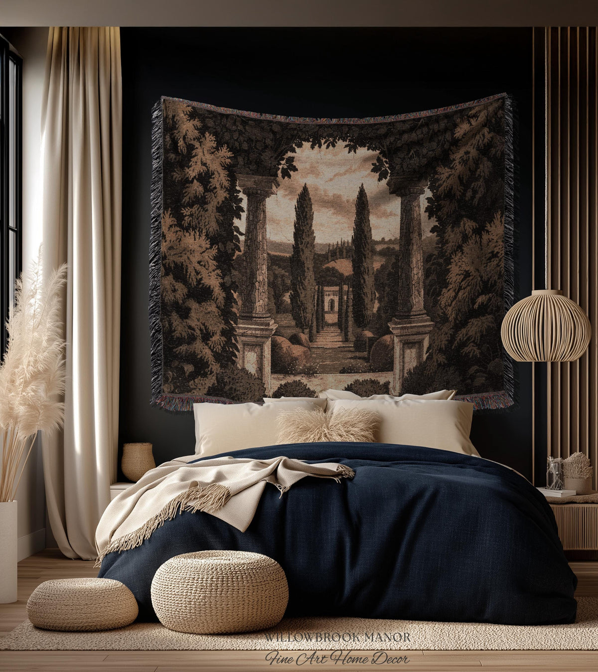 Tuscan Landscape Woven Decor Tapestry Headboard Italian Garden Terrace Art, Cypress Trees Classic Countryside Villa View Rustic Wall Hanging