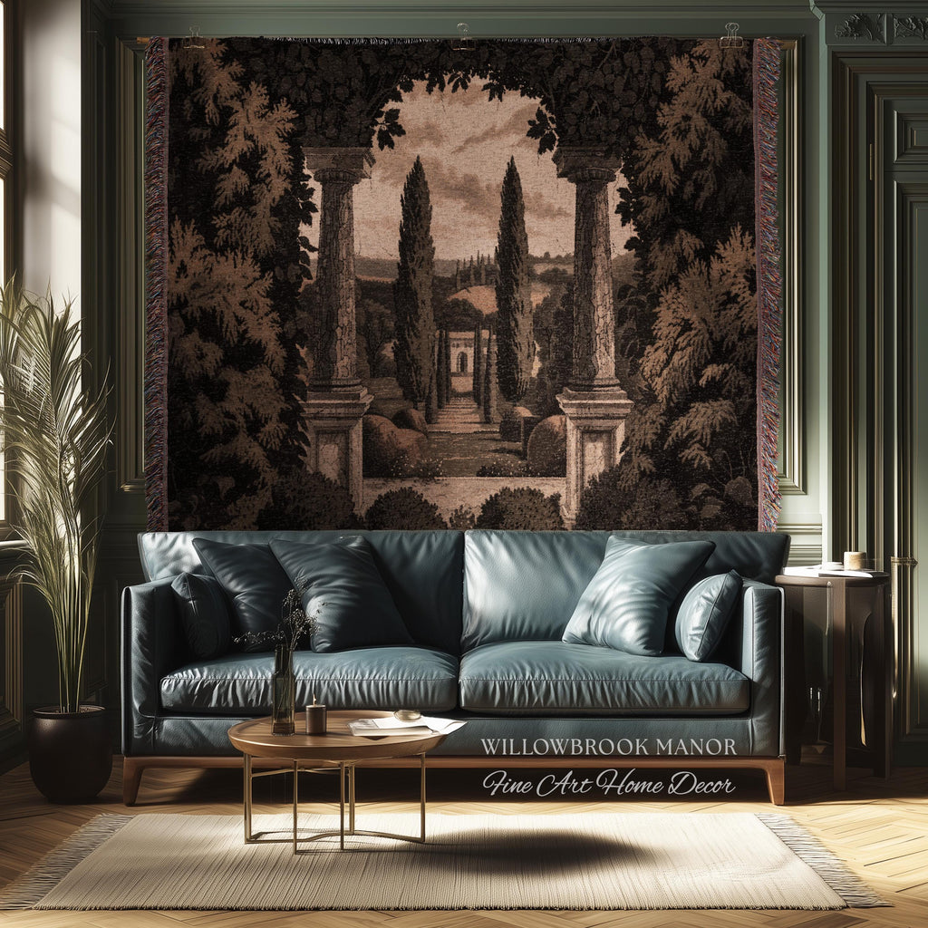 Tuscan Landscape Woven Decor Tapestry Headboard Italian Garden Terrace Art, Cypress Trees Classic Countryside Villa View Rustic Wall Hanging