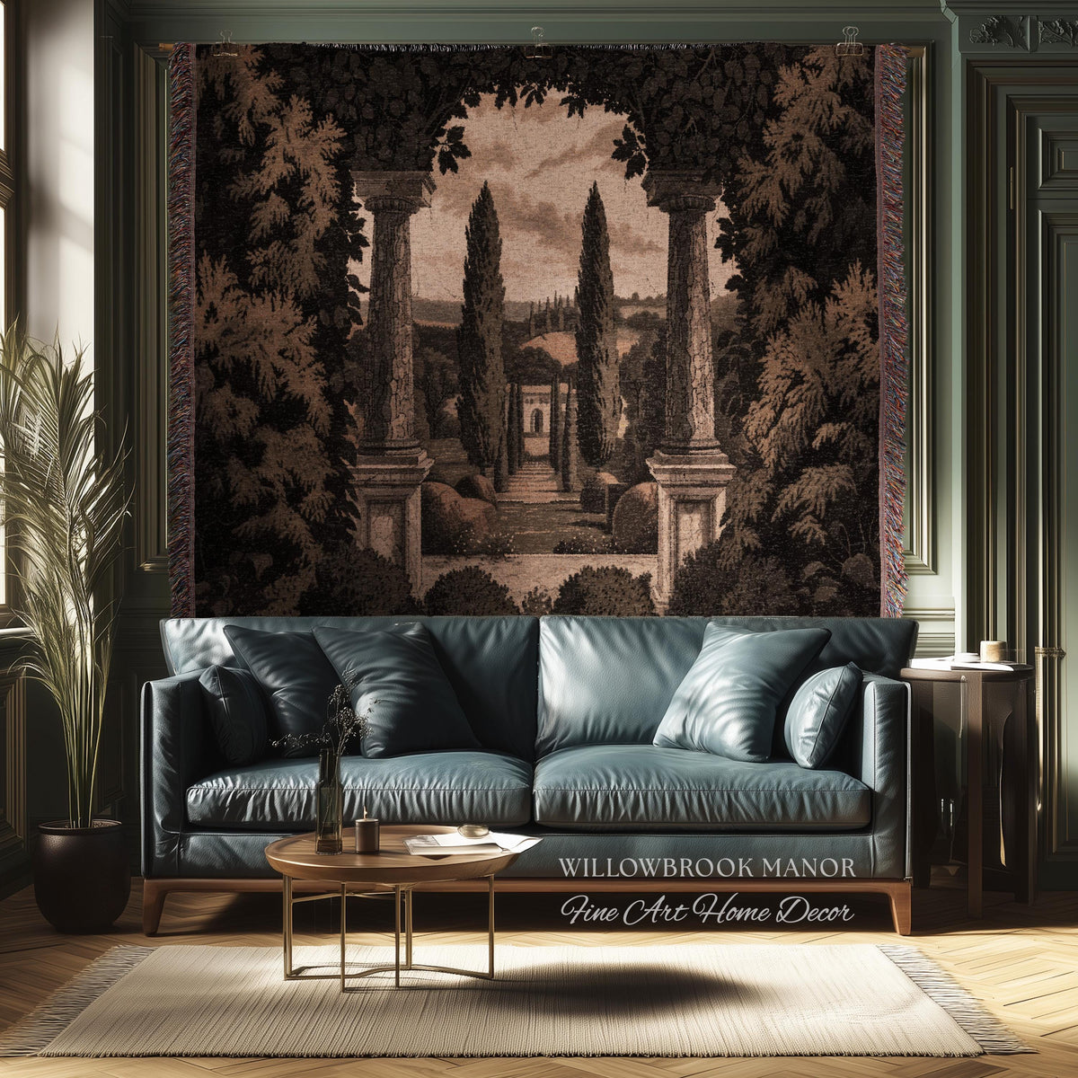 Tuscan Landscape Woven Decor Tapestry Headboard Italian Garden Terrace Art, Cypress Trees Classic Countryside Villa View Rustic Wall Hanging