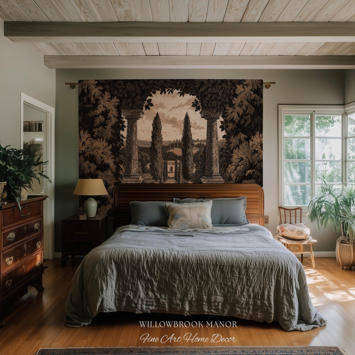 Tuscan Landscape Woven Decor Tapestry Headboard Italian Garden Terrace Art, Cypress Trees Classic Countryside Villa View Rustic Wall Hanging