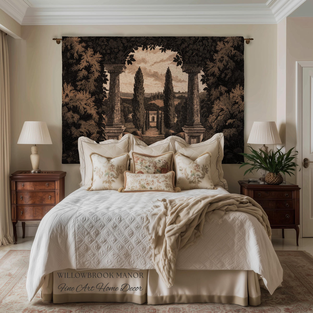 Tuscan Landscape Woven Decor Tapestry Headboard Italian Garden Terrace Art, Cypress Trees Classic Countryside Villa View Rustic Wall Hanging