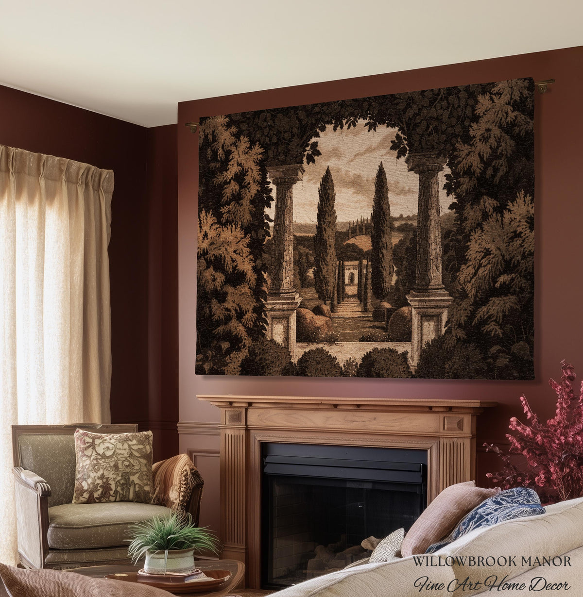 Tuscan Landscape Woven Decor Tapestry Headboard Italian Garden Terrace Art, Cypress Trees Classic Countryside Villa View Rustic Wall Hanging