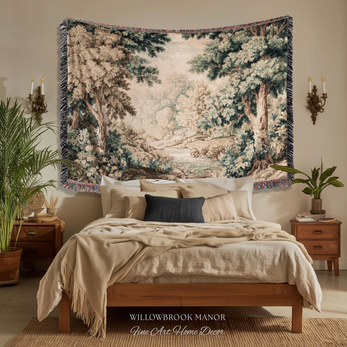 English Woodland Foggy Forest Woven Fringe Blanket Misty River Tapestry | European Wall Art Nature Scene Romantic Cottage Jacquard Throw